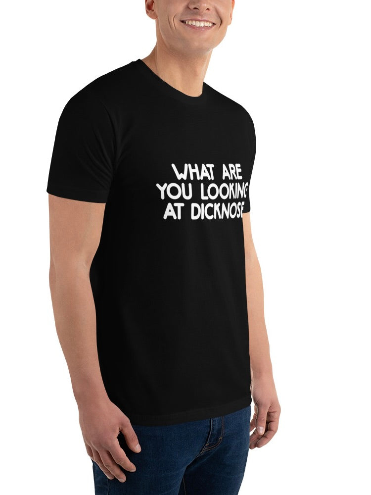 Person wearing a black t-shirt with white text on a white background