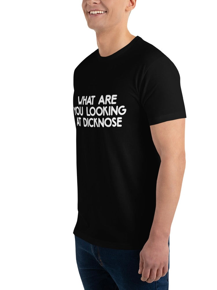 Person wearing a black t-shirt with white text on a white background