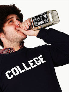 Costume guide for Bluto from the movie Animal House.  Bluto is wearing a College Sweatshirt, a curly wig, and drinking a bottle of whiskey.