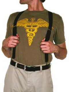 Costume Guide for Cameron Frye from the movie Ferris Bueller's Day Off.  Cameron wears an olive green t-shirt with a yellow caduceus symbol on it, a black pair of suspenders, a black belt, and a pair of khaki pants.