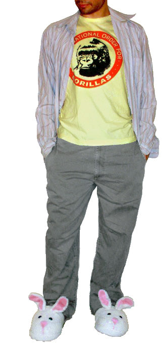 Costume guide for Chris Knight from the movie Real Genius.  Chris wears a yellow shirt that says International Order for Gorillas, with a picture of a gorilla face.  He also wears a striped button-down shirt, and a pair of gray pants.