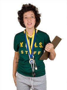 Costume guide for Coach Steroid from the movie Rock and Roll High School.  Coach Steroid wears a green shirt that says VLHS in yellow letters, gray sweatpants, a whistle, and a medal. She carries a clipboard.