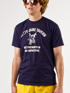 Costume guide for Gary from the movie Wet Hot American Summer.  Gary wears a pair of brown aviator sunglasses, a pair of yellow shorts, and a navy blue t-shirt with white lettering that says "Betty Jane Tavern."