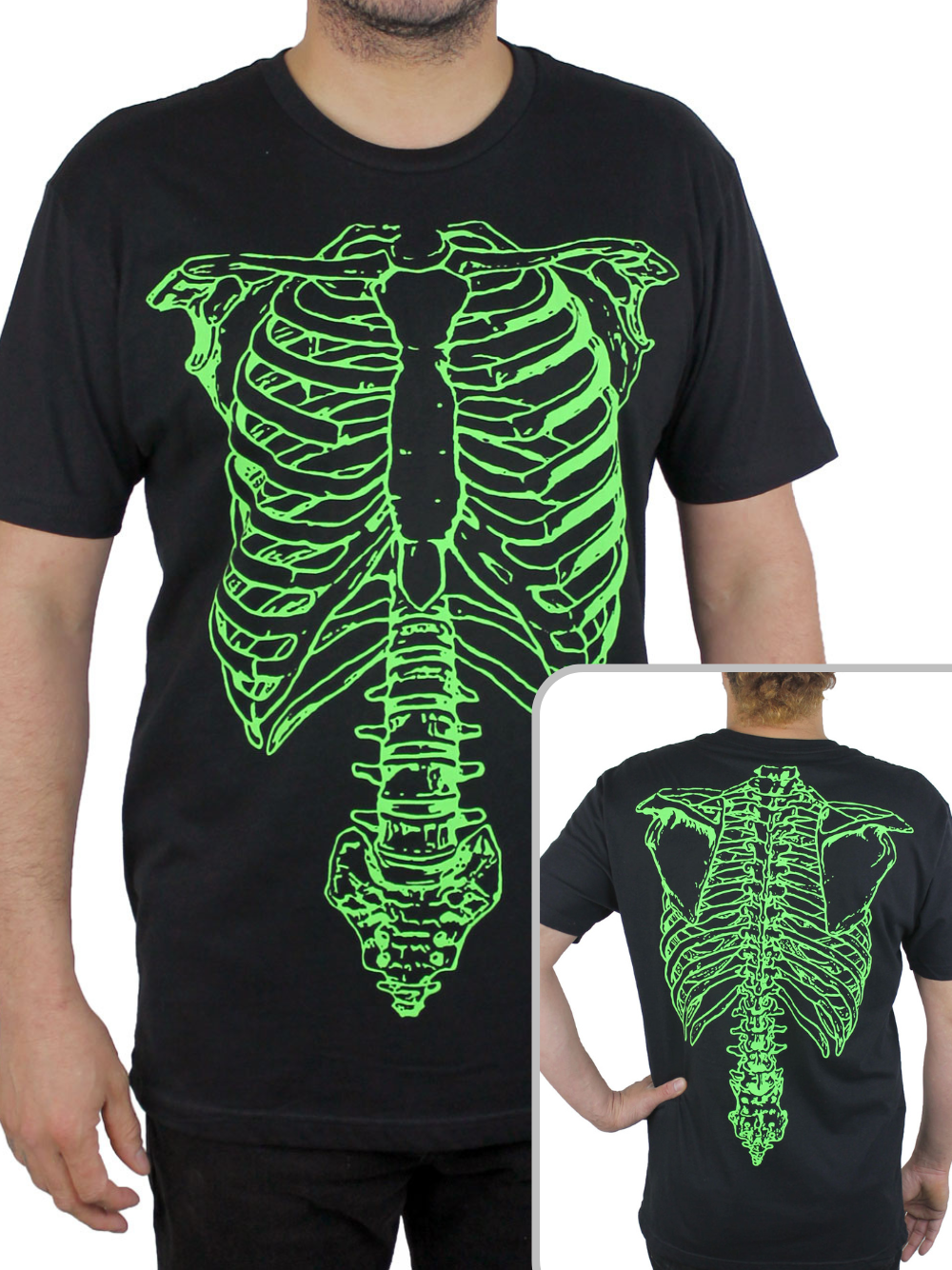 man wearing black t-shirt with green ribcage and spine printed on it. in the bottom right corner, there is an inset image that shows the back of the shirt which shows the back of the skeleton.