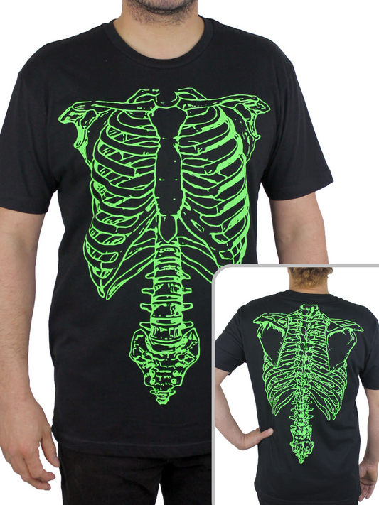 man wearing black t-shirt with green ribcage and spine printed on it. in the bottom right corner, there is an inset image that shows the back of the shirt which shows the back of the skeleton.