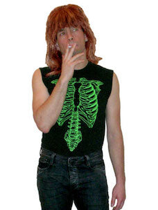 Costume guide for Nigel Tufnel from the movie Spinal Tap.  Nigel has a mullet and smokes a cigarette.  He wears a black sleeveless t-shirt with a bright green ribcage printed on it, and a pair of dark blue jeans.