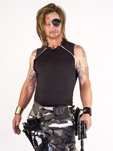 Costume guide for Snake Plissken from the movie Escape from New York.  Snake has long hair and wears an eyepatch, a black tank top with silver zippers on the shoulders, and pants with gray camo print.