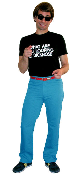 Costume guide for Stiles from the movie Teen Wolf.  Stiles has brown hair and wears black sunglasses, bright blue pants, a red belt, and a black t-shirt that says "What are you looking at dicknose" in white lettering.