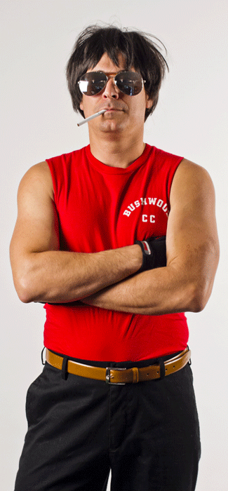 Costume guide for Tony D'Annunzio from the movie Caddyshack.  Tony has dark brown hair, mirrored sunglasses, and smokes a cigarette.  He wears a red sleeveless t-shirt that says Bushwood CC in white lettering,