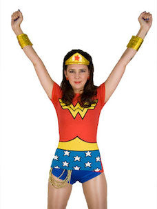 Costume guide for Wonder Woman.  She has long black hair and wears gold arm bands and a gold tiara.  She wears a red and blue suit and carries a lasso.