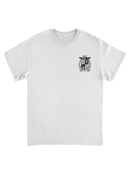 White t-shirt with a crest design on a white background