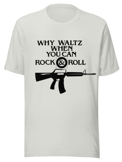 White t-shirt with black graphic and text on a white background