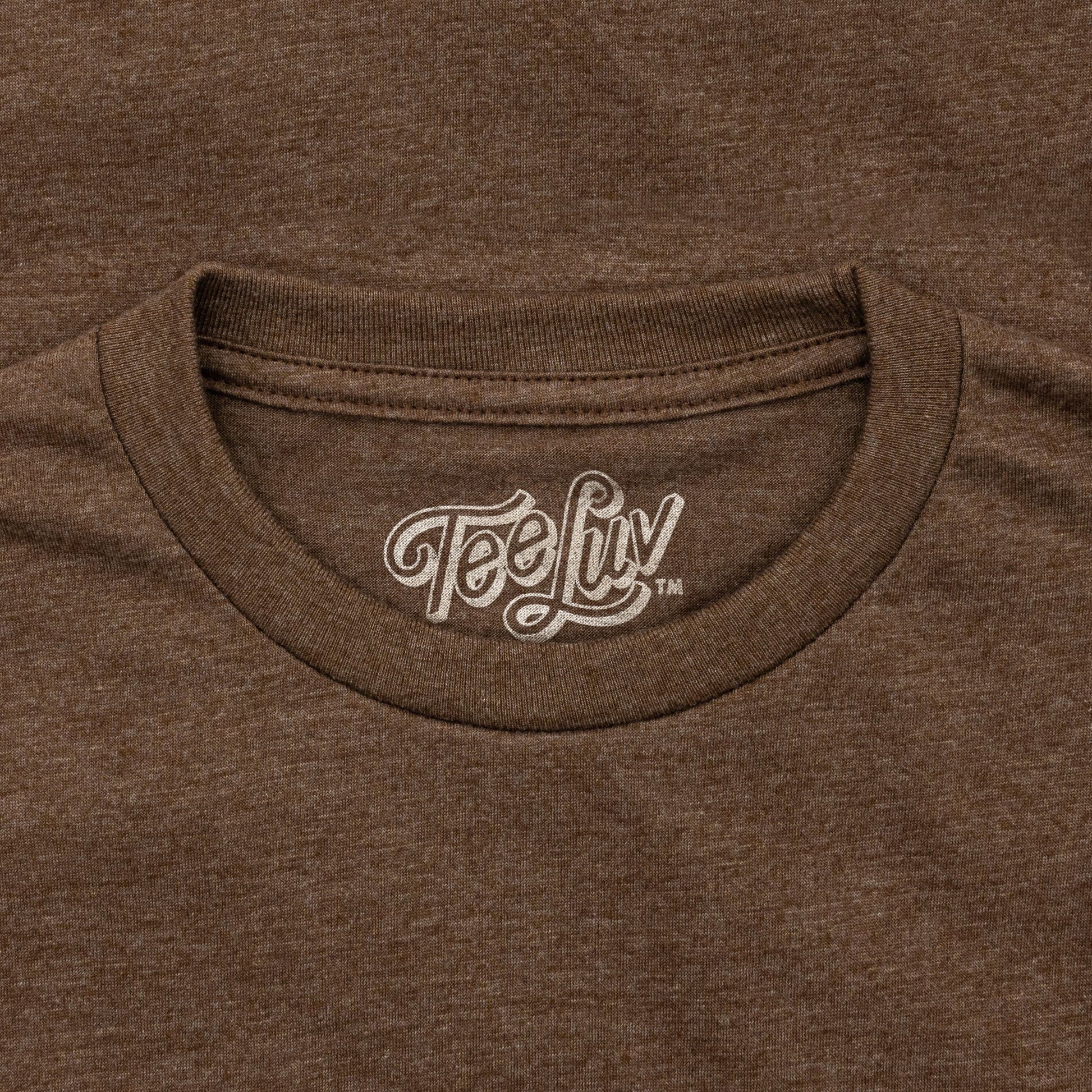 Brown t-shirt with 'TeeLuv' logo on the collar