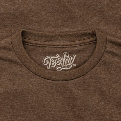 Brown t-shirt with 'TeeLuv' logo on the collar
