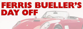 A low-resolution promotional graphic with the text 'FERRIS BUELLER'S DAY OFF' in large red letters above a partial red convertible car on a white background.