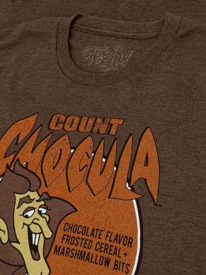 Brown t-shirt with 'Count Chocula' design featuring a cartoon character and text.