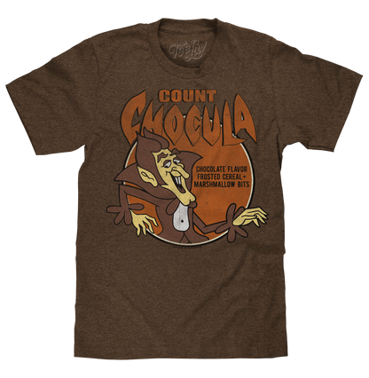 Brown t-shirt with Count Chocula graphic design on a white background
