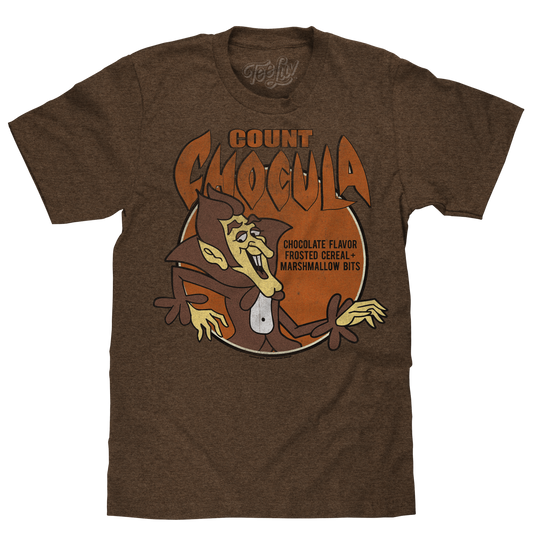 Brown t-shirt with Count Chocula graphic design on a white background