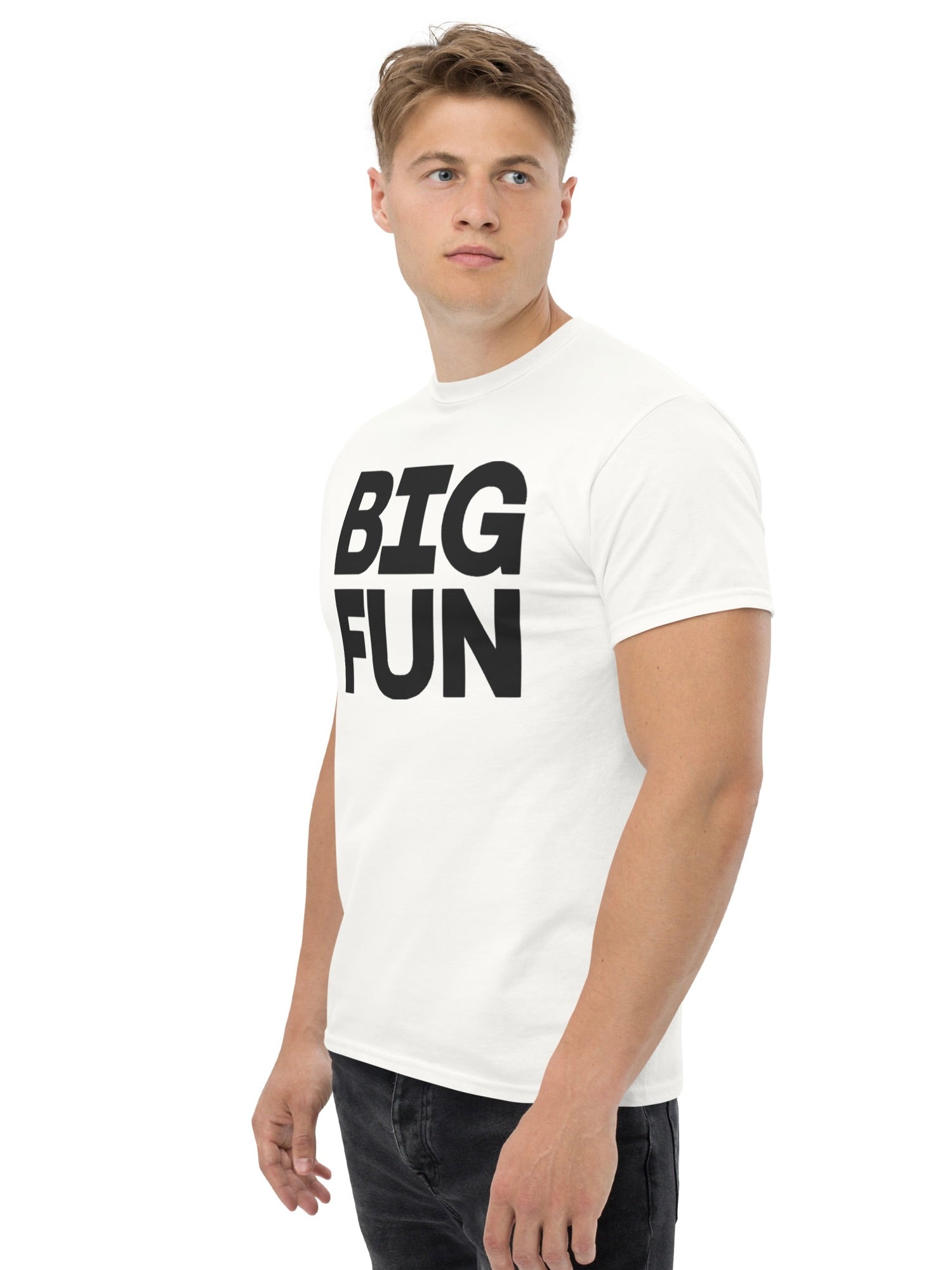 Man wearing a white t-shirt with 'BIG FUN' text on a white background