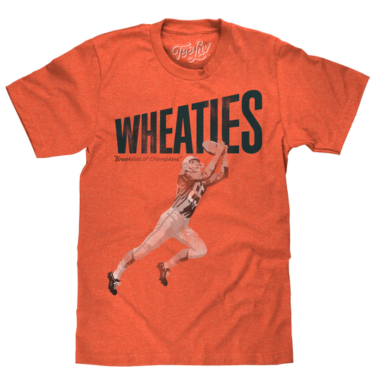 View of orange t-shirt with Wheaties logo