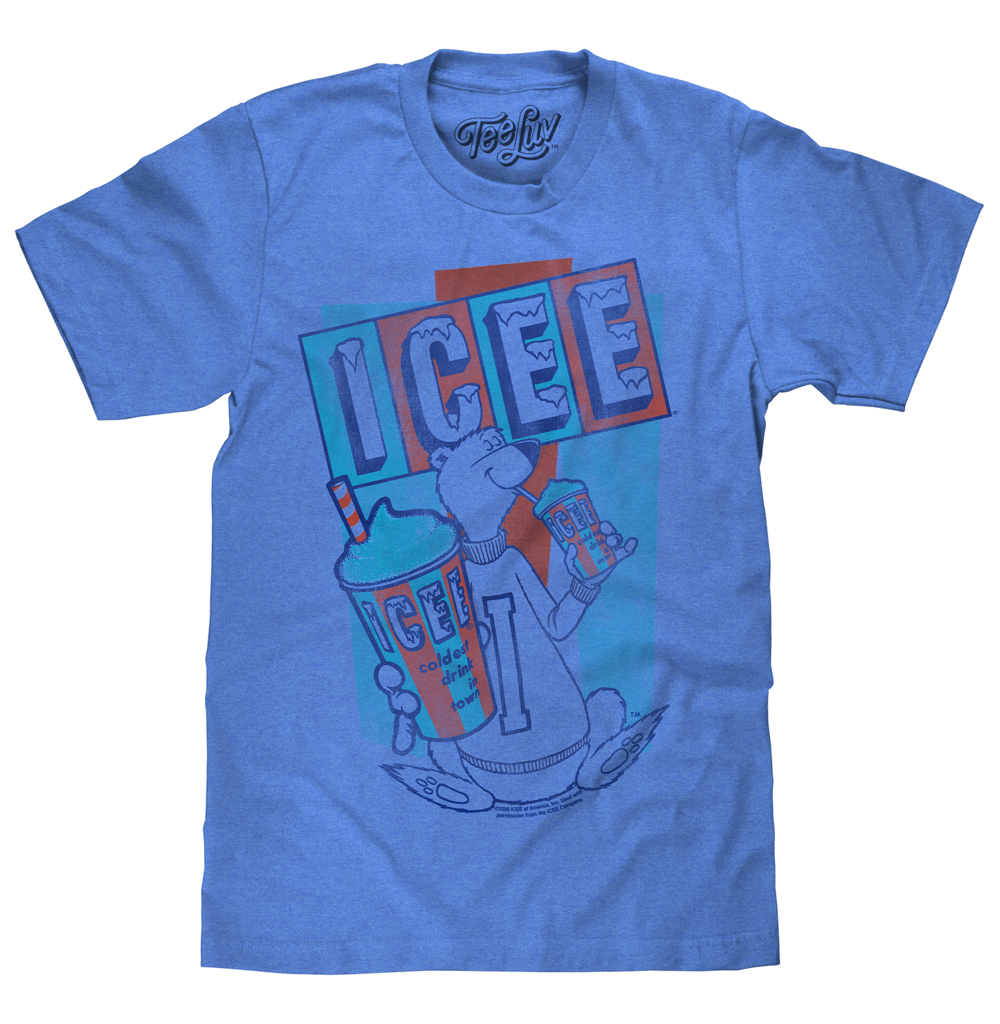Blue t-shirt with a graphic design of a character holding a drink and 'ICEE' text.