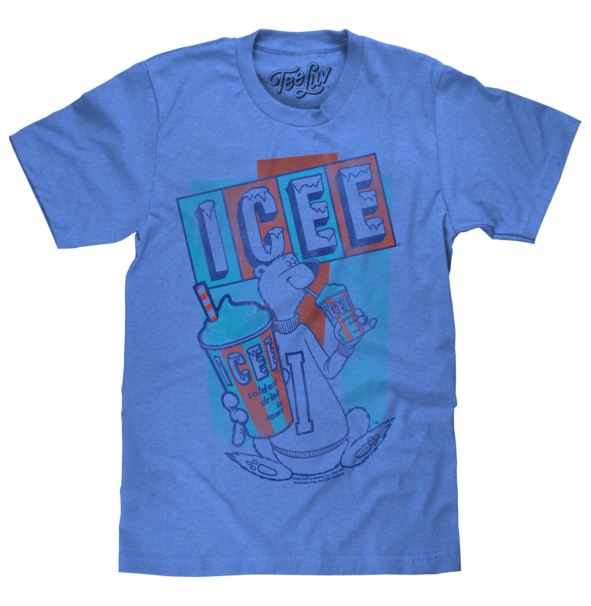 Blue t-shirt with a graphic design of a character holding a drink and 'ICEE' text.