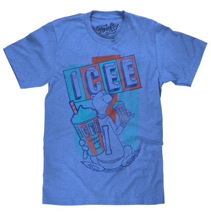 Blue t-shirt with a graphic design of a character holding a drink and 'ICEE' text.