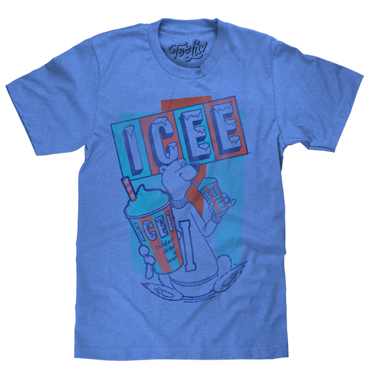 Blue t-shirt with a graphic design of a character holding a drink and 'ICEE' text.
