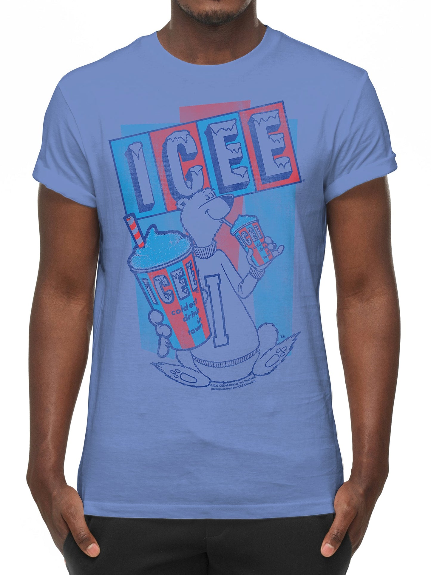 Blue t-shirt with red and blue graphic design on a person