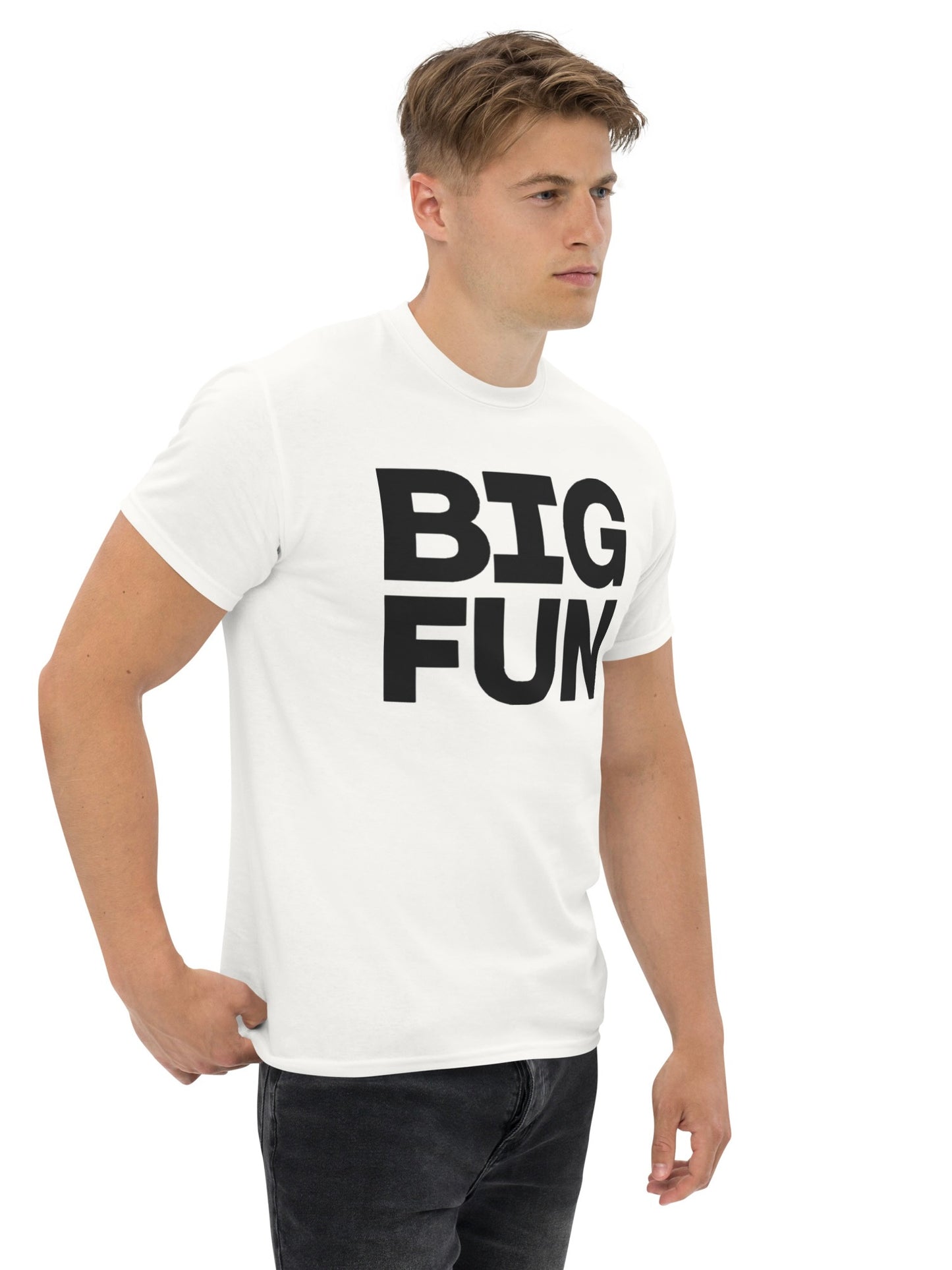 Man wearing a white t-shirt with 'BIG FUN' text on a white background