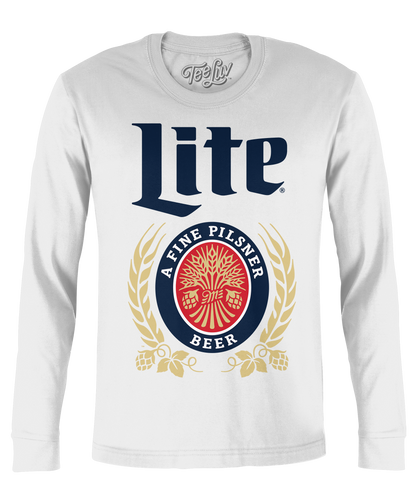 White long-sleeve shirt with Miller Lite logo on a white background