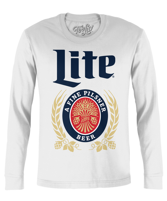 White long-sleeve shirt with Miller Lite logo on a white background