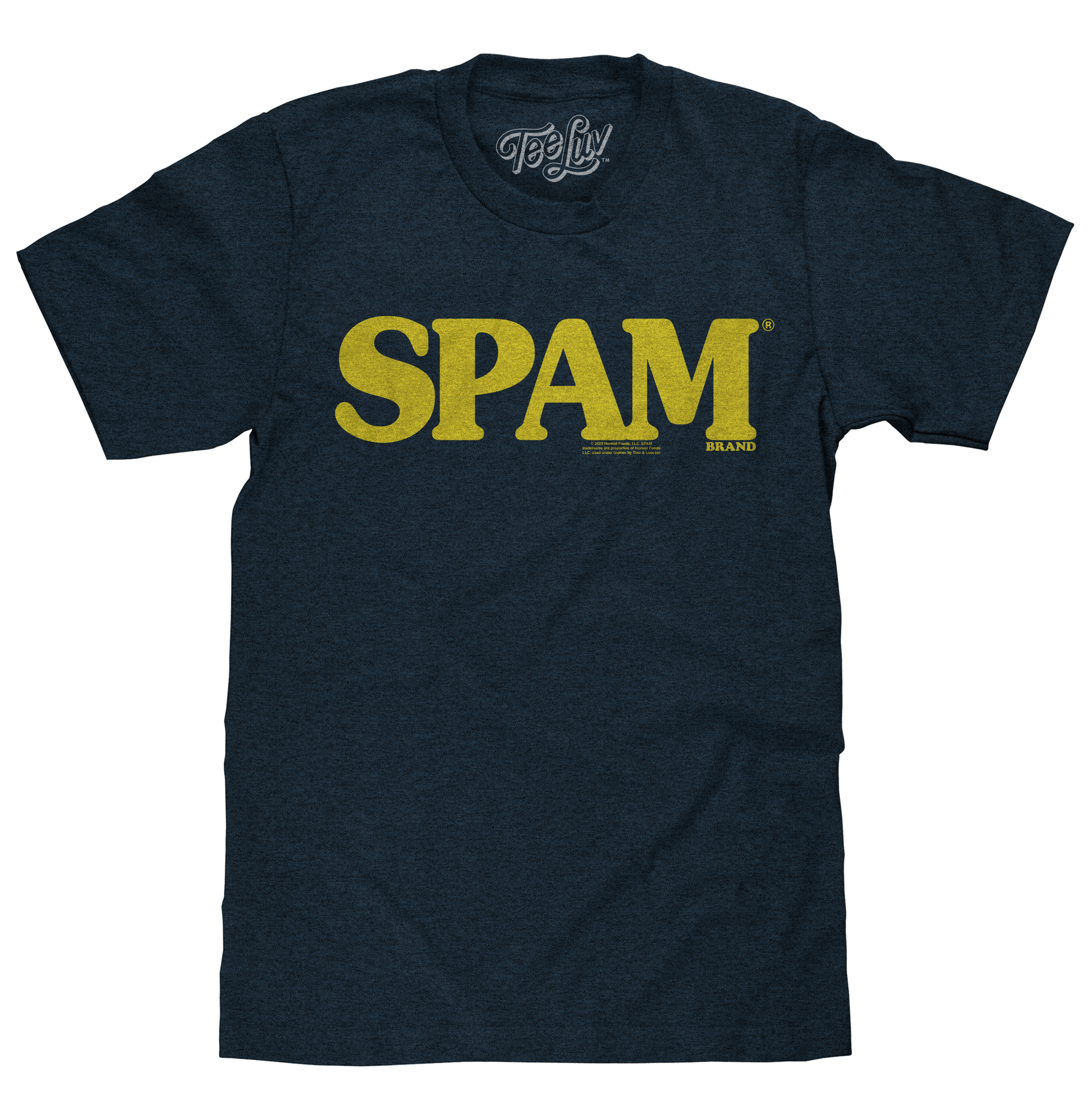 Black t-shirt with yellow 'SPAM' logo on a white background