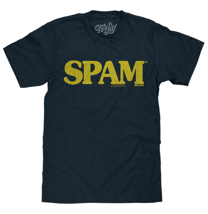 Black t-shirt with yellow 'SPAM' logo on a white background