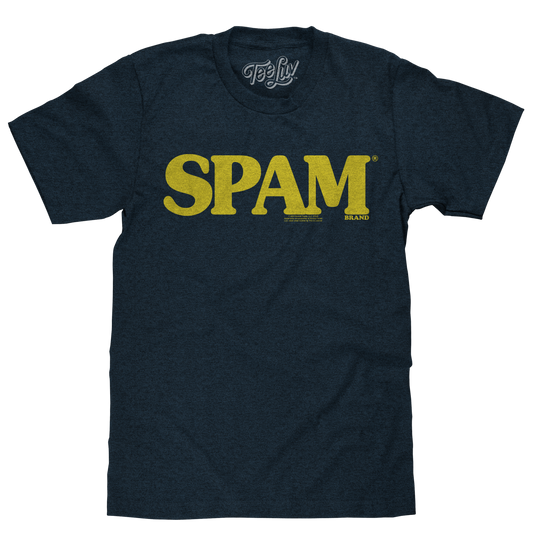 Black t-shirt with yellow 'SPAM' logo on a white background