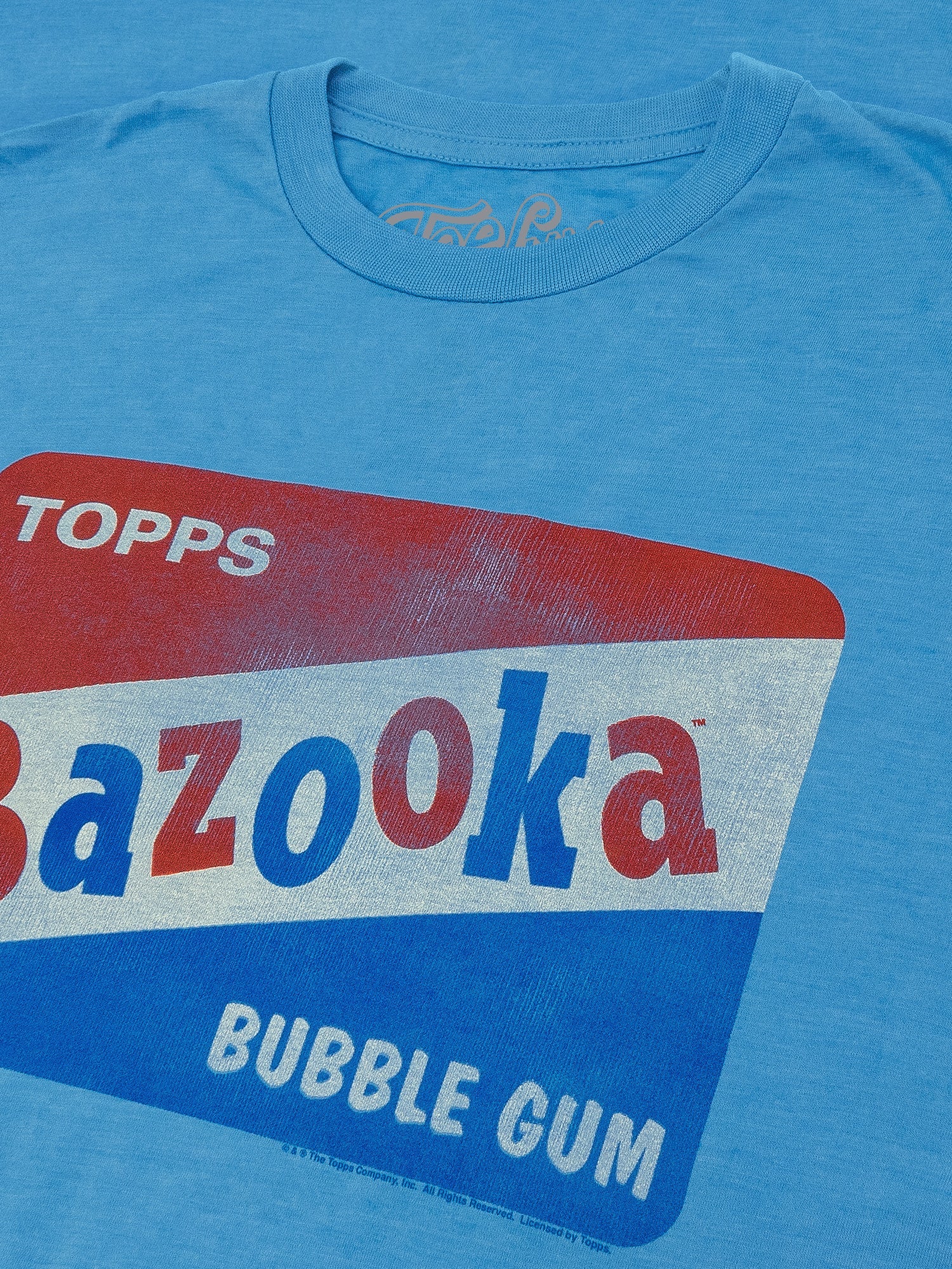 Blue t-shirt with Topps Bazooka Bubble Gum logo