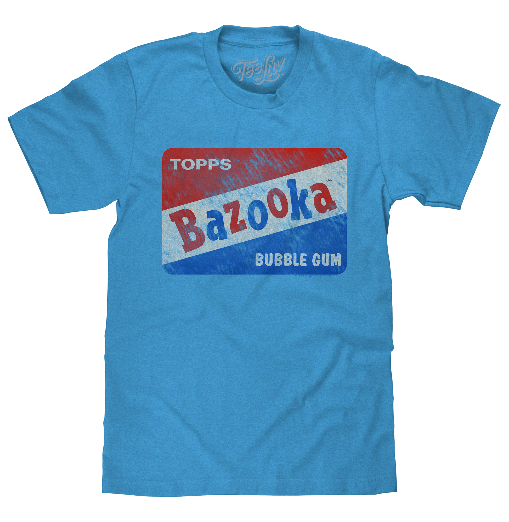 Blue t-shirt with Bazooka Bubble Gum logo on a white background