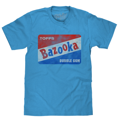 Blue t-shirt with Bazooka Bubble Gum logo on a white background