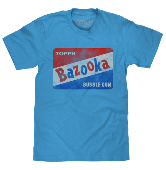 Blue t-shirt with Bazooka Bubble Gum logo on a white background