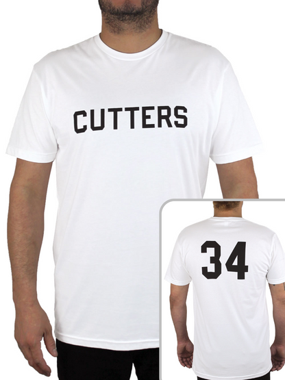 Man wears a white t-shirt that says "Cutters" across the front.  In the bottom right corner there is an inset photo of the back of the shirt, which has a big number 34 printed on it in black.