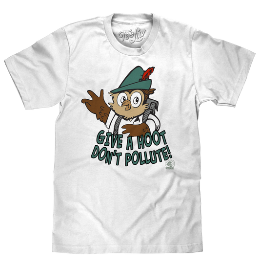 White t-shirt with cartoon character and 'Give a Hoot, Don't Pollute!' text on a white background
