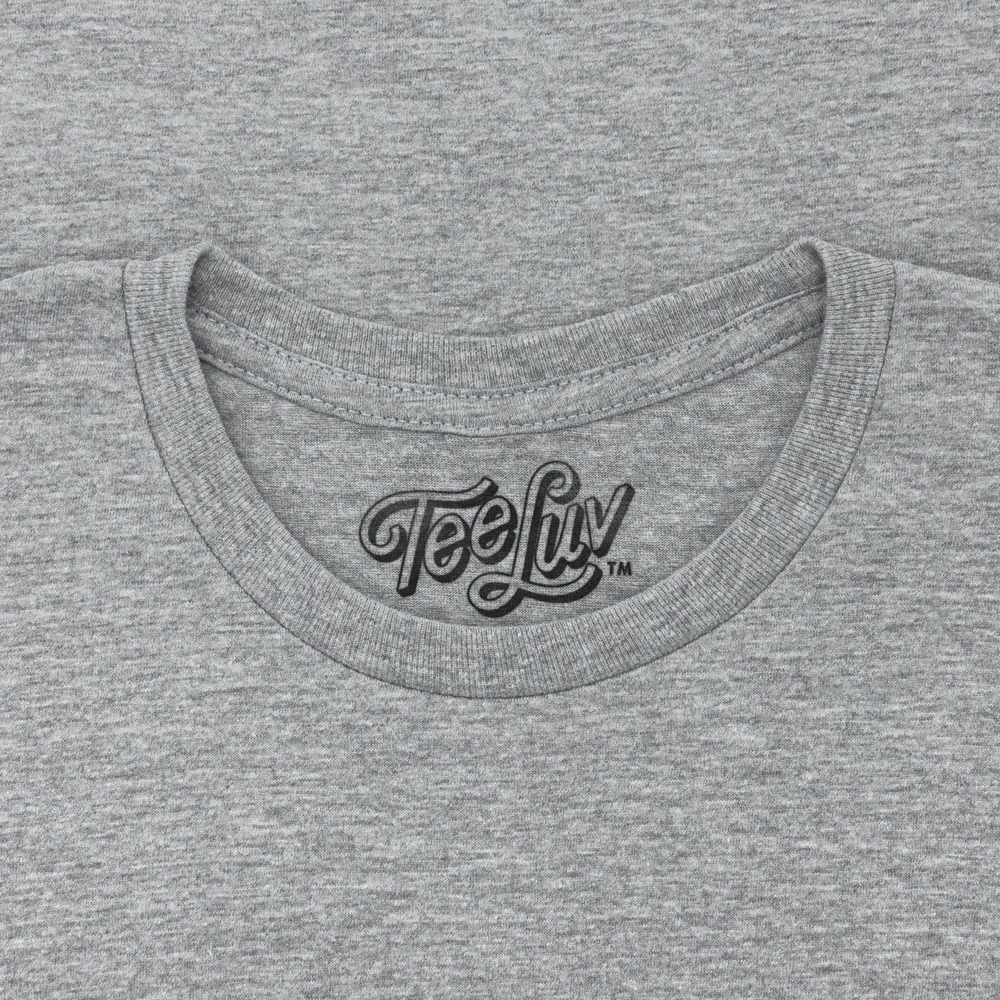 Gray t-shirt with 'Tee Luv' logo on the collar