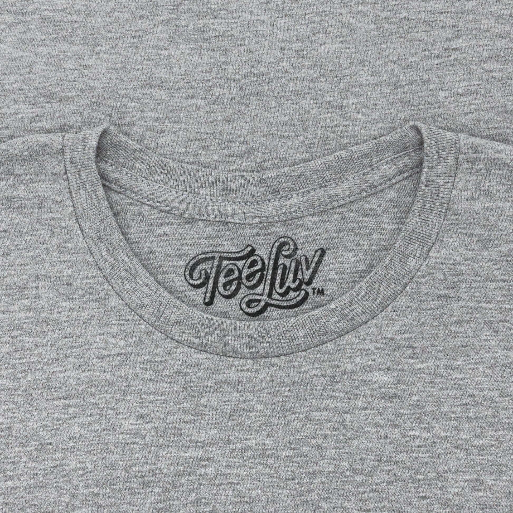 Gray t-shirt with 'Tee Luv' logo on the collar