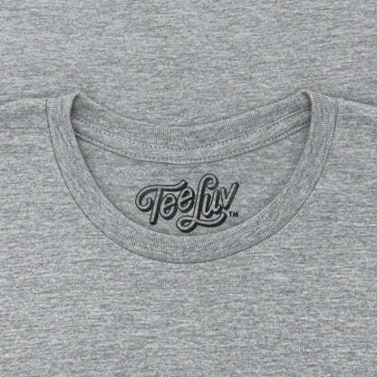Gray t-shirt with 'Tee Luv' logo on the collar