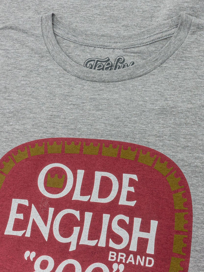 Gray t-shirt with 'Olde English Brand' logo on a red background