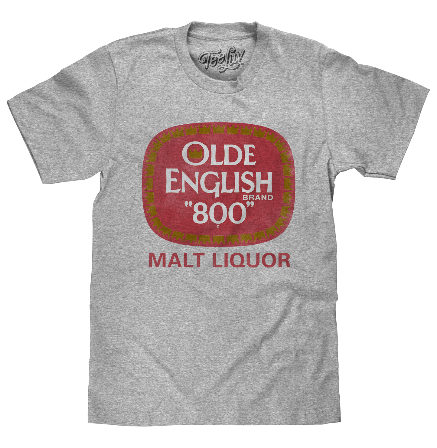 Gray t-shirt with Olde English Brand 800 Malt Liquor logo on a white background