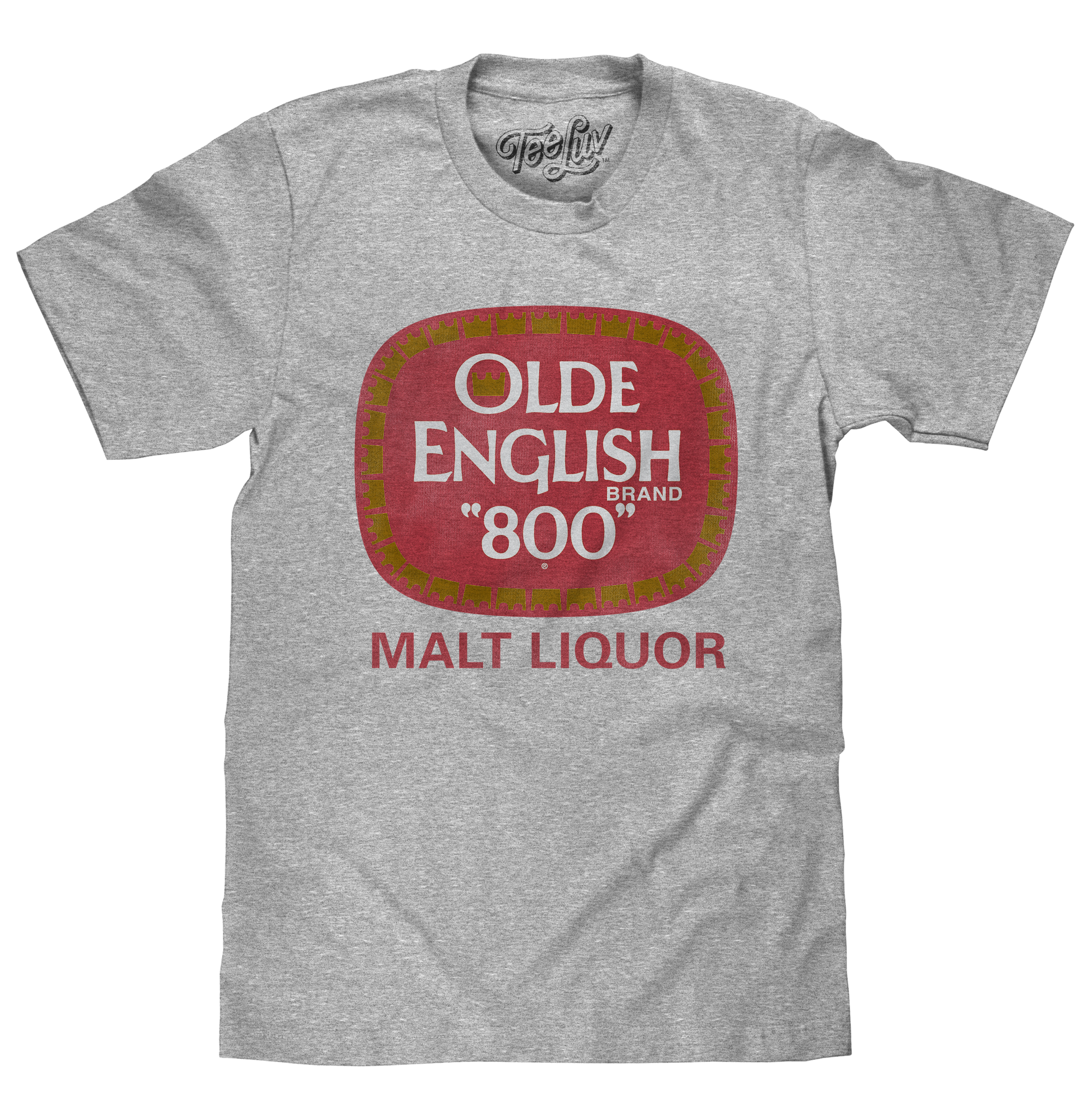 Gray t-shirt with Olde English Brand 800 Malt Liquor logo on a white background