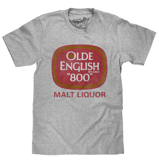 Gray t-shirt with Olde English Brand 800 Malt Liquor logo on a white background