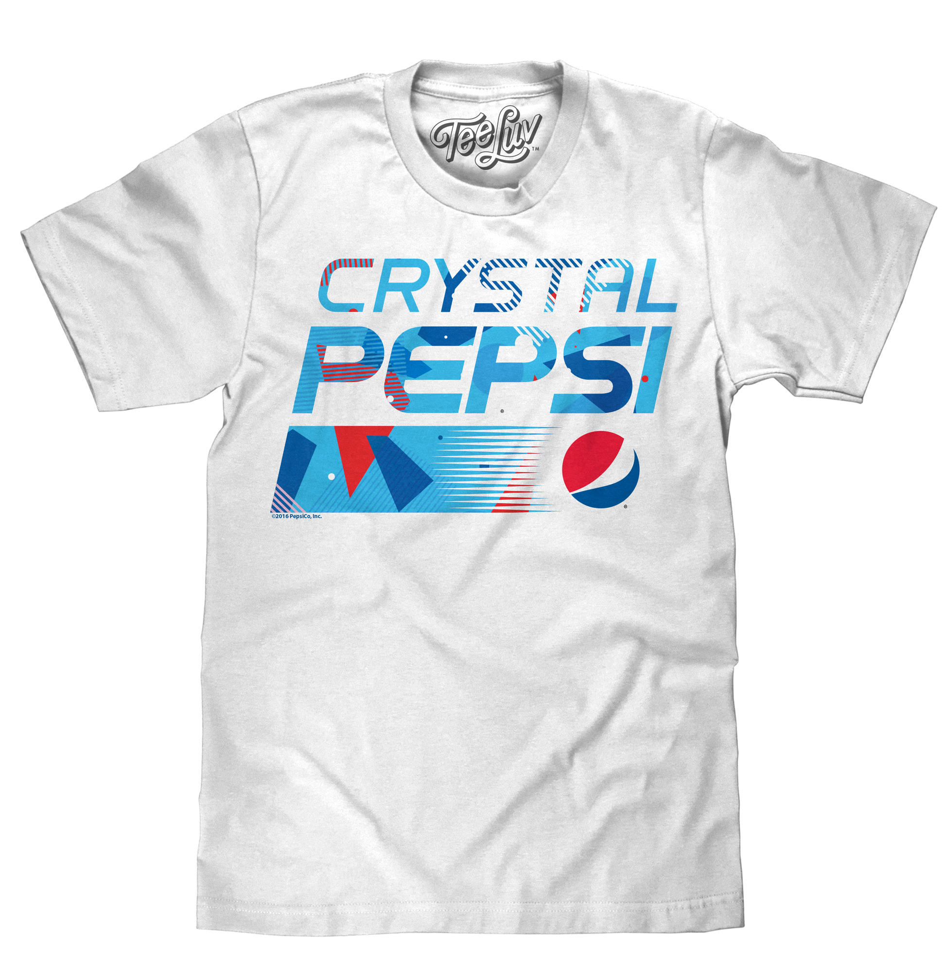 White t-shirt with 'Crystal Pepsi' graphic design on a white background