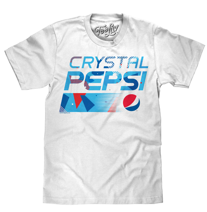 White t-shirt with 'Crystal Pepsi' graphic design on a white background